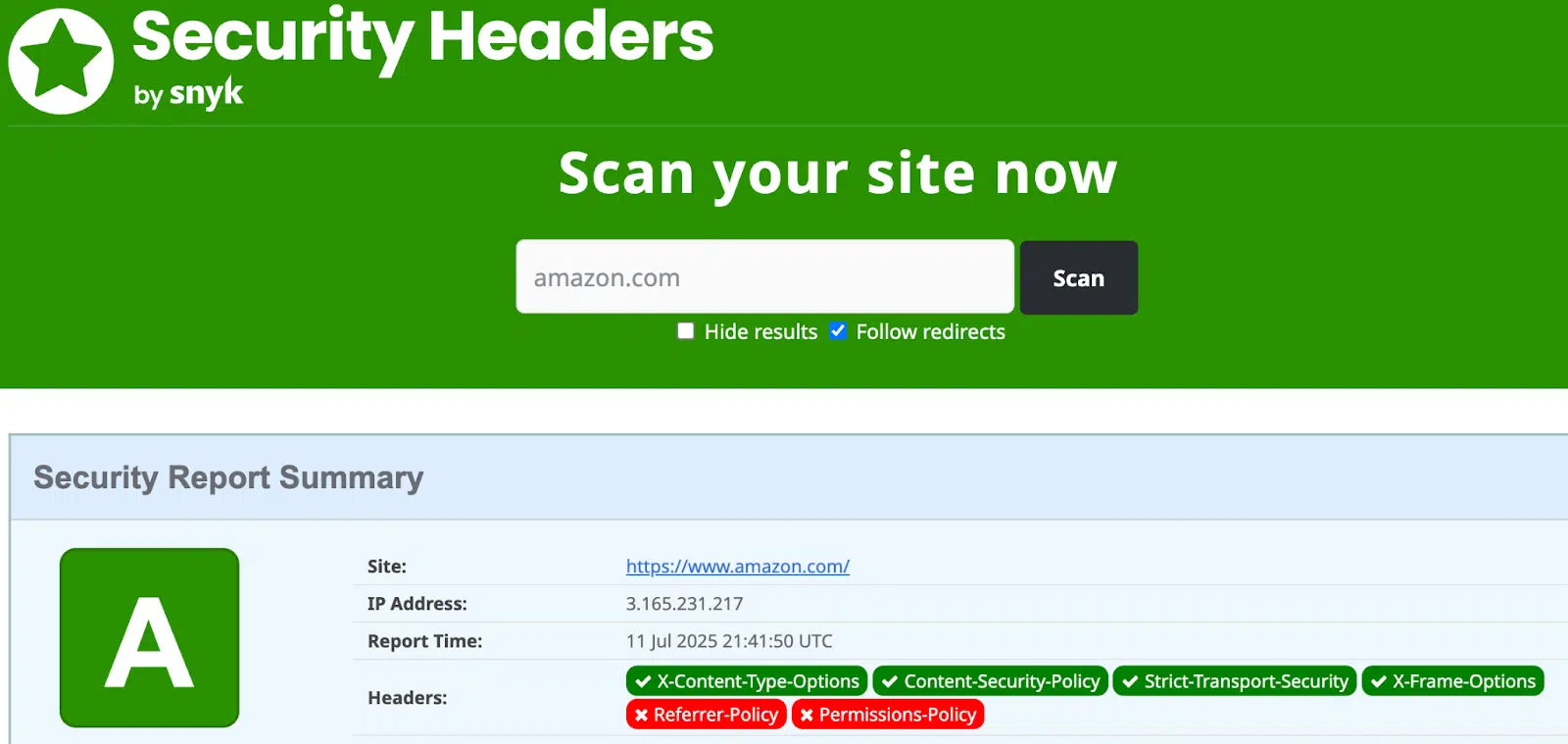 SecurityHeaders.com scan result